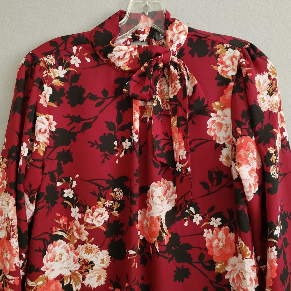 CURE. Womens M Blouse Burgundy Floral Tie Neck Long Sleeve Career Top M4-2924 - Picture 2 of 13